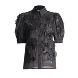 Temperament Elegant Wind Shirt 2025 Autumn New Nail Bead Three-Dimensional Flower Perspective Shirt Short-Sleeved Jacket