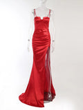 Christmas Midi Dress Women High Split Folds Zipper Elegant Bodycon Sexy Party Chic Nightclub New Year Floor Dress