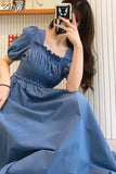 Sleeve Dress Women Summer Solid Pleated Square Collar Mid-calf Elegant Korean Simple Leisure Loose Preppy Womens A-line