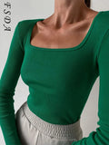 2021 Square Neck Green Long Sleeve T Shirts Women Knitted Autumn Winter Black Basic Ribber White Khaki Top Shirt Casual