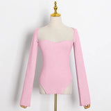 Fashion Women's Sweater Square Collar Waist Long Sleeve Irregular Pink Bottom Knitted Pullovers Spring 2023 New