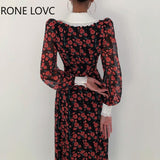 Women Elegant Vintage Puff Sleeves All Over Print with Disty Floral High Silt Maxi A-line Chiffon