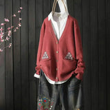 style retro V-neck knitted cardigan women autumn new style art jacquard embroidery sweater women