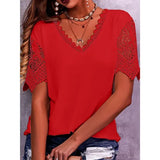 Women's T-Shirt Burst Lace Splicing Loose V-Neck Short-Sleeved