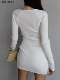 White Sweater Dress Women V-Neck Long Sleeve Knitted Bodycon Dress Sexy Slit Mini Dress Autumn Spring