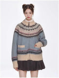 Blue Printed Stand Collar Knitted Cardigan- Outfit