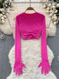 American Hotsweet Streetwear Y2K Tops Cropped O Neck Long sleeved Connecting Gloves Design Fashion Sexy Slim