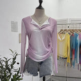 Fake Two Sunscreen Long-Sleeved T-Shirt Women Autumn Design Dizzling Drawstring Folding Short Top