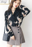 Sleeve Bf Red-crowned Crane Print Loose Shirts Harajuku Blouse Tops Women Vintage Chemise Femme High Street