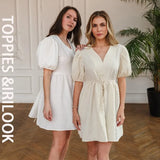 Summer Dress Woman Vintage Puff Sleeve A Line Dresses V-Neck High Waist Mini Dress Green Sexy Grain Dress