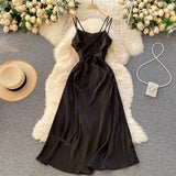 2022 Summer Women Satin Slip Dress Backless Spaghetti Strap Bow Tunic Belted Elegant Vacation Sexy Party Midi