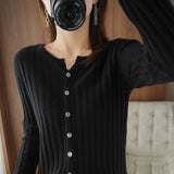 Zingj Long Sleeve Spring And Autumn New Round Collar Cardigan Women's Jacket Slim Soft Waxy Bottom Coat Thin Sweater-Outfit
