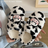 Shoes Flocky Fur Cartoon Animal Dairy Cow Desgin Slippers for Woman Fluffy Upper Antislip House Flat