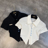 2022 Summer New Design Short Sleeve Turn Down Collar Bust Hollow Out Single Breasted Buttons Knitted T Shirt Women