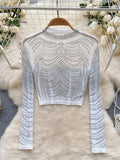 Women Beading Sheer Sexy Top O Neck Long Sleeves Transparent Slim Short T Shirt Streetwear Ins Shiny Sequins