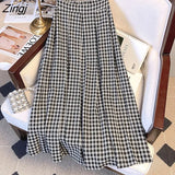Green Plaid Long Pleated Skirts Womens Autumn Elastic High Waist Knitted Midi Skirt Female Street Black White Warm
