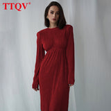 Winter O-Neck Green Women'S Dress Elegant Long Sleeve Bodycon Midi Dresses Female Casual Pleated Dress For New Year
