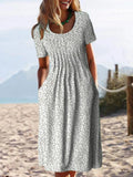 Women Loose Pleated Long Dress Elegant Female Party Pocket Office Dress Streetwear 2022 Summer Printed Pullover