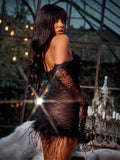 High-End Women's Sexy Lace Perspective Spliced Feather Girded Boobs Elegant Temperament Dress