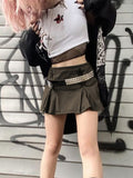 Y2K Grunge Punk Pentagram Trim Green Denim Skirts E-girl Aesthetics Retro A-line High Waist Zipper Pleated Skirt