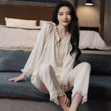 Women Pajamas Sets Sexy Lace Turn-Down Collar Pyjamas Sleep Suit Spring Summer Rayon Nightwear Casual Sleepwear Home
