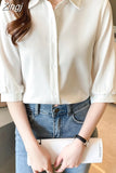 Women Shirt Three Quarter Sleeve Blouses for Women Satin Blouses and Shirts Summer Fashion Women Clothing White Women