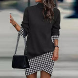 Female Turtleneck Party Dress Women Vintage Pattern Print Mini Dress Winter Fashion Long Sleeve Loose Irregular
