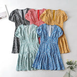 Zingj New Women's Dress With Deep V-Collar Print Dress With Short Sleeves, High Waist And Broken Flowers In
