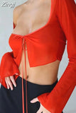 Zingj 2023 Sexy Y2K Women Mesh Sheer T-shirts Exposed Navel Crop Tops Long Sleeve Square Neck Tie-Up See Through 211-0-Outfit
