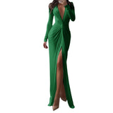Zingj New Solid Color Dress Summer Fashion Sexy Slit V Neck Long Sleeve Solid Slim Pleated Skirt Dress-Outfit