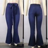 Women Denim Tie Waist Flare Jeans Boyfriend Jeans Ladies High Waist Skinny Bell Bottom Jeans Pants Autumn Wide Leg Jeans