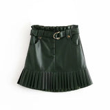 Women Chic PU Leather Pleated Skirt Ruffles Tie Belt Waist Pocket Skirt Zipper Fly Ladies Elegnt Mini Skirts Jupe