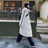 Women's Cotton Coat Mid-Long Winter Casual Jacket Loose Plus Velvet Drawstring Zipper Hooded Warm Overcoat Parkas