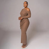 Draped Off-Shoulder Long Sleeve Top And Maxi Skirt Set- Outfit