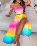 Summer Off Shoulder Ombre Colorblock Sexy Crop Top High Slit Maxi Two Piece Set Women Boho Long Skirt Suits Robe