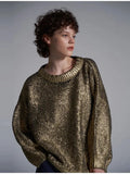Neck Metallic Shinny Pullover For Women Vintage Loose Long Sleeve Warm Sweater 2023 Autumn Female Fashion Street