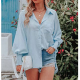Autumn Streetwear Solid Loose Casual Shirt Female Lantern Long Sleeve Beach Holiday Blouse Button Up All-match Blusa
