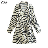 Women Fashion Zebra Striped Print Side Lace Up Wrapped Mini Dress Female Long Sleeve Casual Slim A Line Vestidos