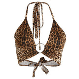 Printed Sexy Halter Crop Top Women Camis Backless Bandage Lace Up Sequins Metal Ring Tank Top 2019 Party Club