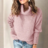 Turtleneck Sweater Women Winter Metal Buttons Long Sleeve Loose Pullover Knitted Jumpers Oversized Harajuku