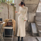 Autumn Women's Dress Korean Retro Solid Color High-neck Knitted Long-sleeved Dress New Female Waist Slim