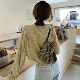 Women Chiffon Ruffled Collar Floral Printed Lantern Sleeve Korean Style Sweet Lady Elegant Leisure Gentle Fashion
