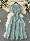 French Vintage Casual Lace Dress O Neck Butterfly Sleeve Zipper Hook Flower Hollow Fashion Slim Embroidery Long