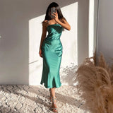 Women Fashion Satin Sea Green Dress Straps with Chains Female Elegant Maxi Midi Slit Camisole Dress Chic Lady