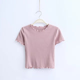 Wood ears O neck Short sleeve T-shirt 2021 New Woman Slim Fit t shirt tight tee Summer Retro Tops 6