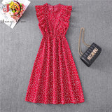 Women Summer Polka Dot Chiffon Dress Short Sleeve Party Sweet Slim A-Line Casual Elastic Waist Elegant Midi Dresses Robe