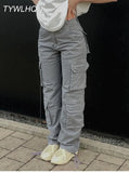 Green Cargo Pants Baggy Jeans Women Fashion Streetwear Pockets Straight High Waist Casual Vintage Denim Trousers