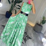 Crew Neck Pleated Long Dress Summer Women Loose A-Line Beach Dresses 2022 Elegant Lady Leaves Print Party Maxi