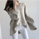 V-Neck Solid Color Loose SweaterOutfit