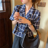 Shirts Women Plaid Crop Top Vintage Korean Style Sweet Notched Ins Fashion Slender Leisure Chic All-match Summer